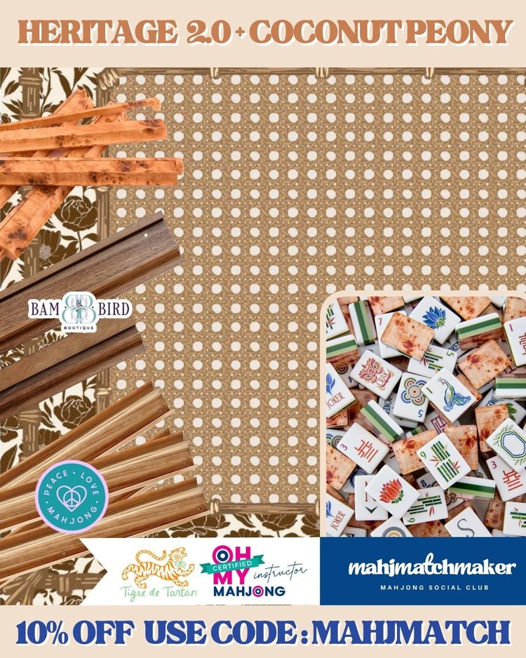 Oh My Mahjong Heritage 2.0 mahjong tiles with Tigre de Tartan Coconut Peony mahjong mat