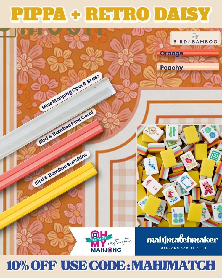 Oh My Mahjong Pippa mahjong tiles with Mahj and Moon Retro Daisy mahjong mat