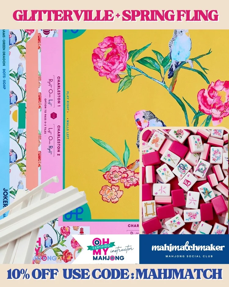 Oh My Mahjong Glitterville mahjong tiles with Oh My Mahjong Spring Fling mahjong mat