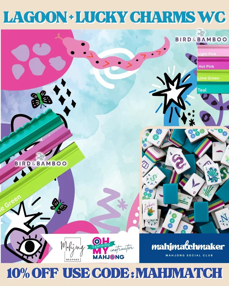Oh My Mahjong Lagoon mahjong tiles with Bespoke Mahjong Lucky Charms Watercolor mahjong mat