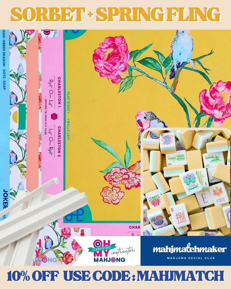 Oh My Mahjong Sorbet mahjong tiles with Oh My Mahjong Spring Fling mahjong mat