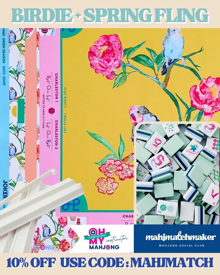 Oh My Mahjong Birdie mahjong tiles with Oh My Mahjong Spring Fling mahjong mat