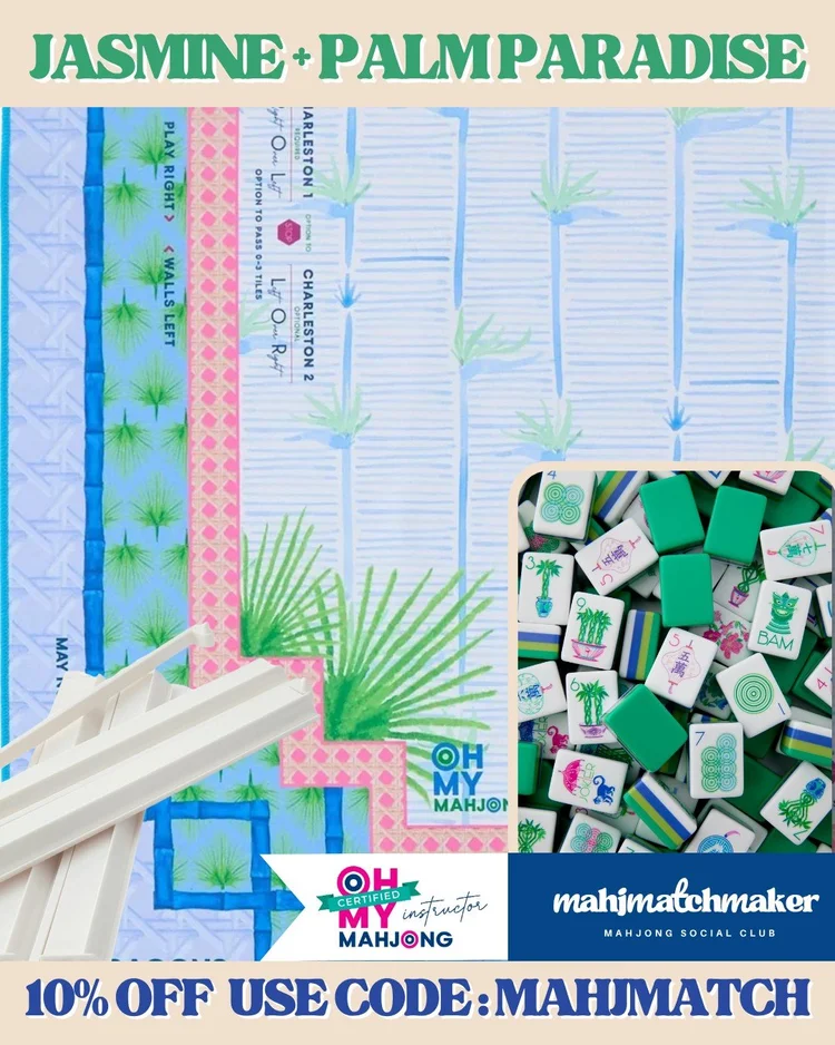 Oh My Mahjong Jasmine mahjong tiles with Oh My Mahjong Palm Paradise mahjong mat