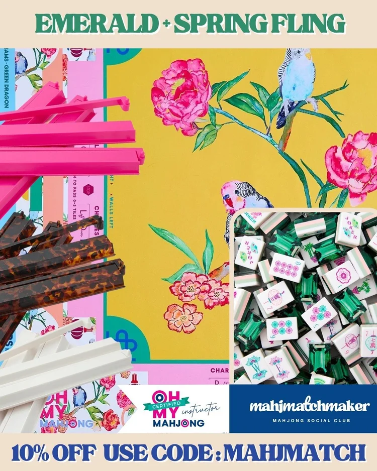 Oh My Mahjong Emerald mahjong tiles with Oh My Mahjong Spring Fling mahjong mat