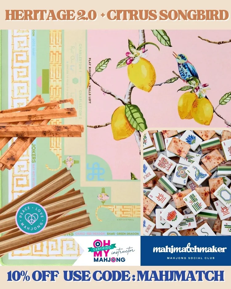 Oh My Mahjong Heritage 2.0 mahjong tiles with Oh My Mahjong Citrus Songbird mahjong mat