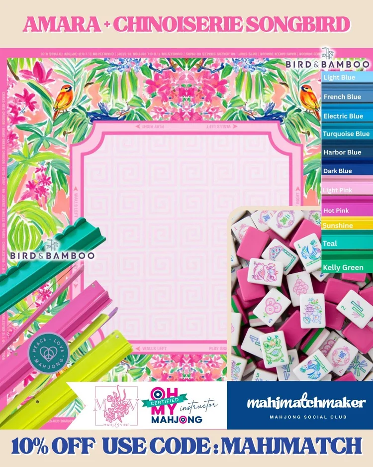 Oh My Mahjong Amara mahjong tiles with Mahj & Vine Chinoiserie Songbird mahjong mat
