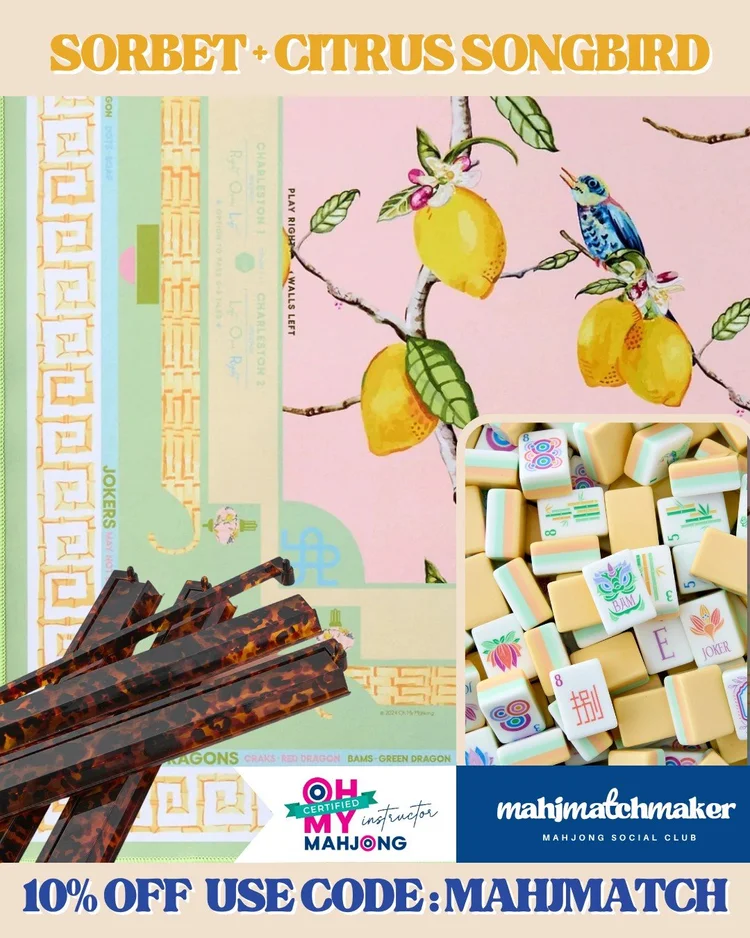Oh My Mahjong Sorbet mahjong tiles with Oh My Mahjong Citrus Songbird mahjong mat
