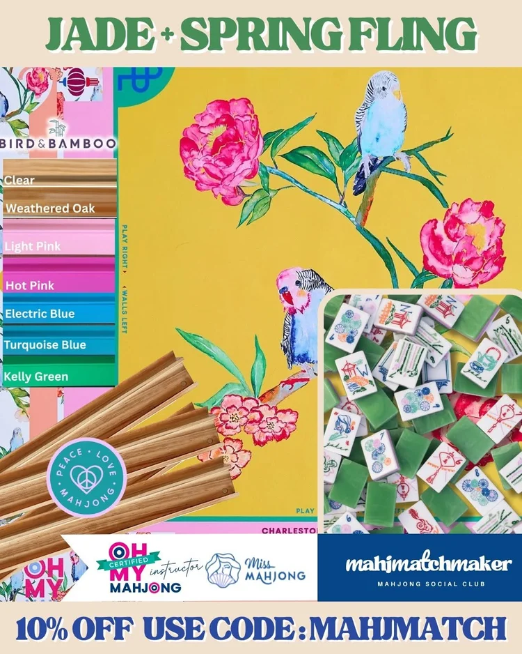 Miss Mahjong Jade mahjong tiles with Oh My Mahjong Spring Fling mahjong mat