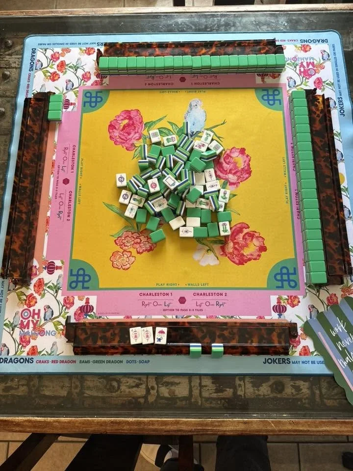 Oh My Mahjong Jasmine mahjong tiles at the table: Jasmine at Katie Finnie Maddox's table · shared in the Mahj Matchmaker group