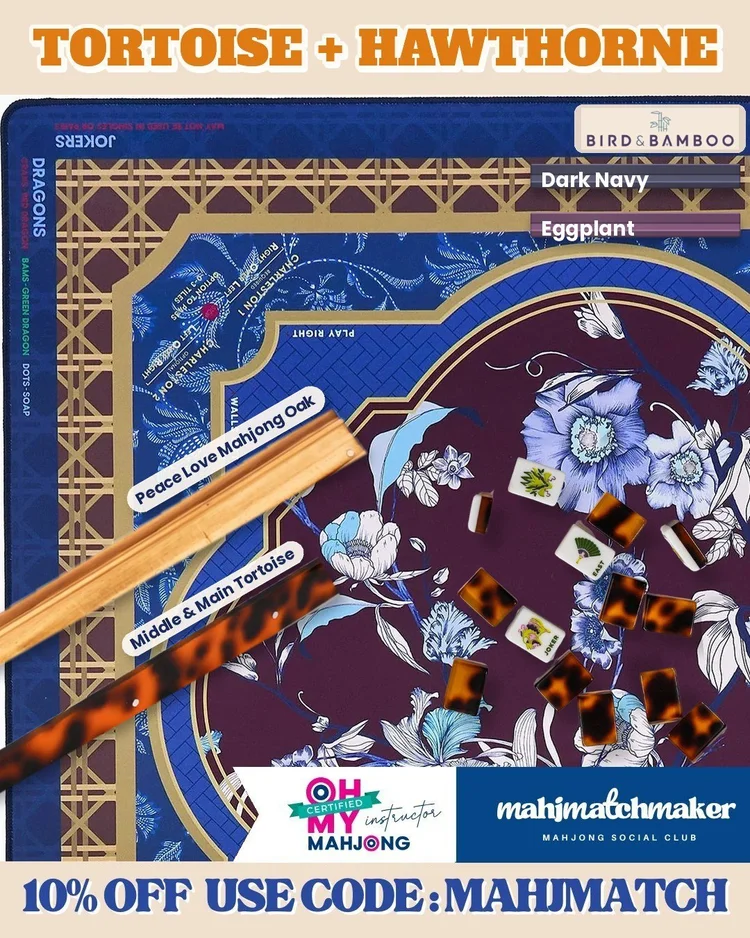 Bam Bird Boutique Classic Tortoise mahjong tiles with Oh My Mahjong Hawthorne mahjong mat