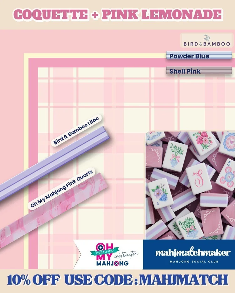 LoveShackFancy Coquette mahjong tiles with Mahj Mood Pink Lemonade mahjong mat