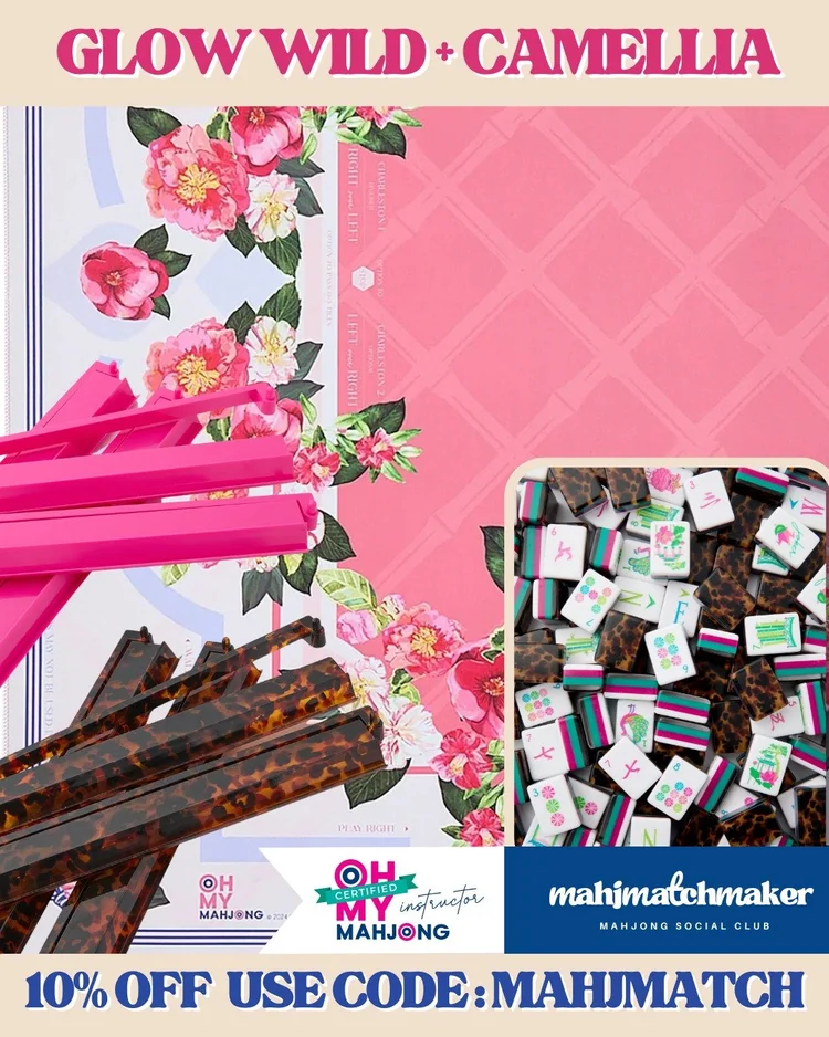 Oh My Mahjong Glow Wild mahjong tiles with Oh My Mahjong Camellia mahjong mat