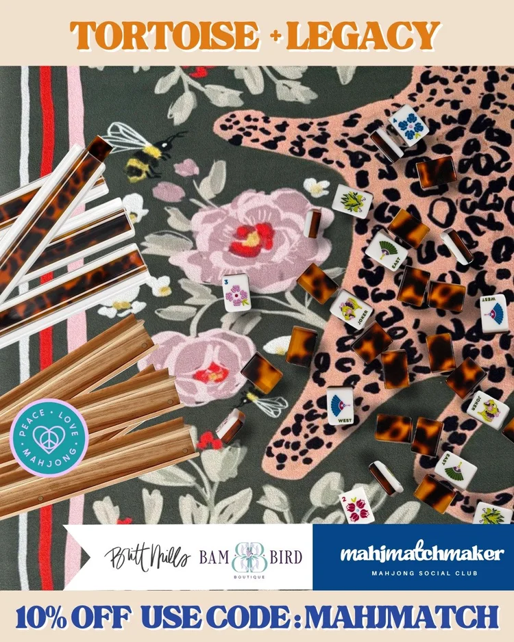 Bam Bird Boutique Tortoise mahjong tiles with Britt Mills Legacy mahjong mat