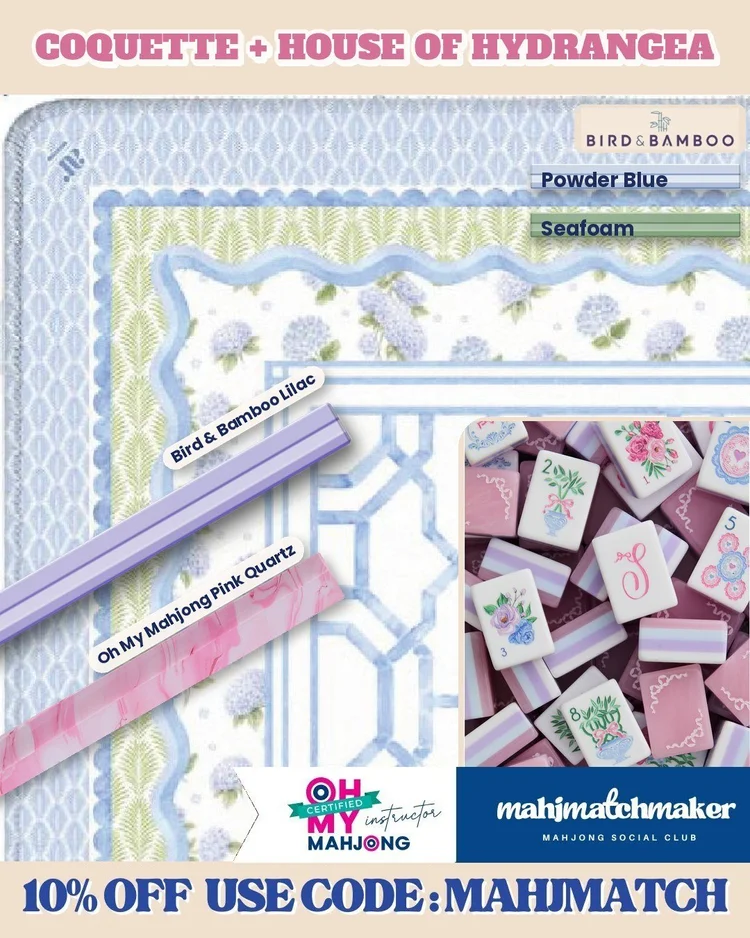 LoveShackFancy Coquette mahjong tiles with Anders Ruff House of Hydrangea mahjong mat