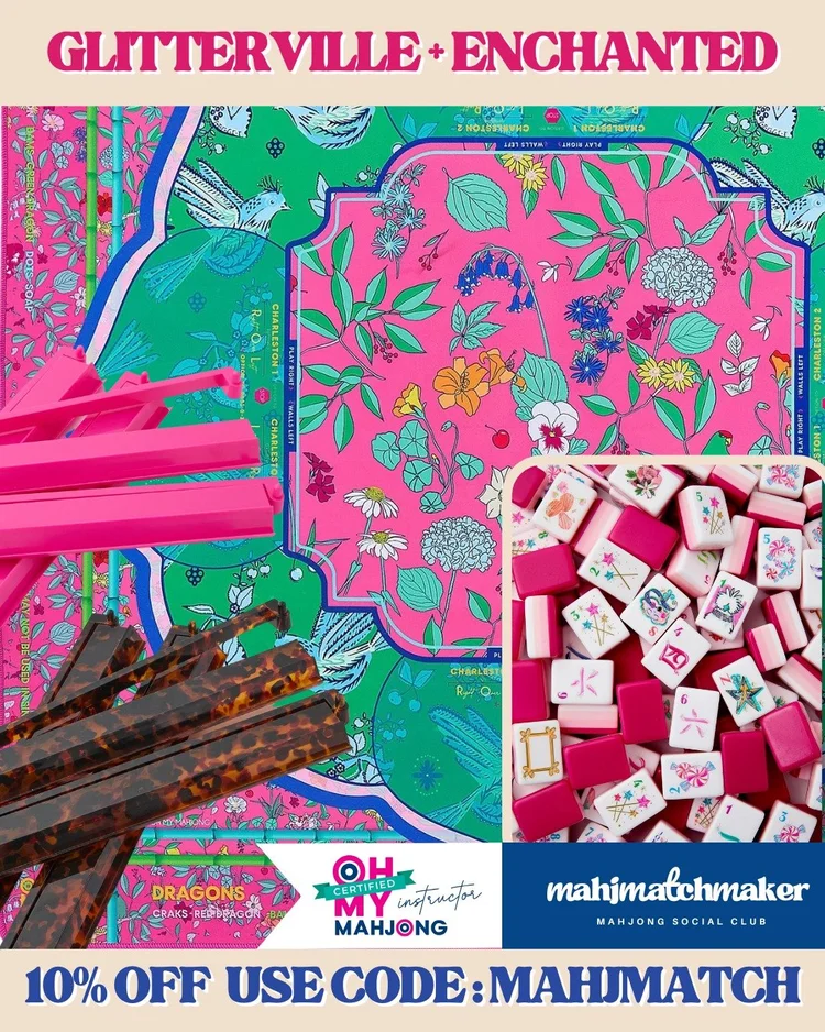 Oh My Mahjong Glitterville mahjong tiles with Oh My Mahjong Enchanted mahjong mat