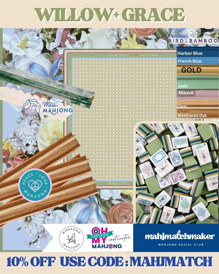 Oh My Mahjong Willow mahjong tiles with Birdsong Mahjong Grace mahjong mat