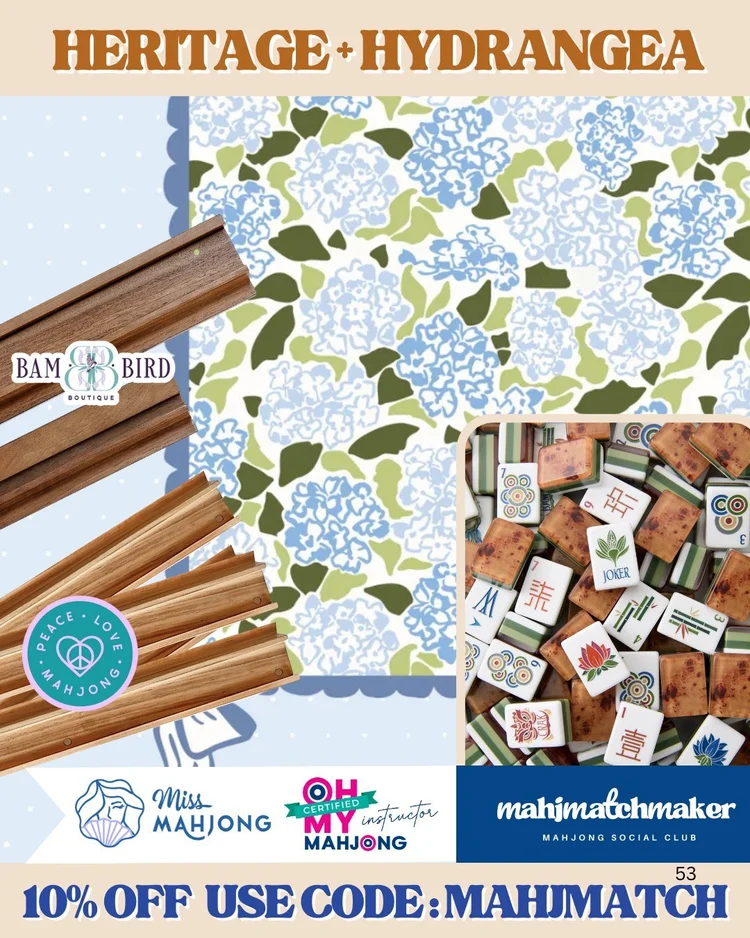 Oh My Mahjong Heritage mahjong tiles with Miss Mahjong Hydrangea mahjong mat