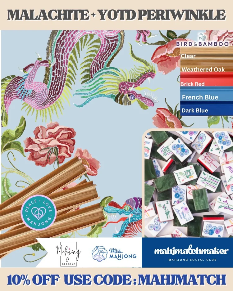 Miss Mahjong Malachite mahjong tiles with Bespoke Mahjong YOTD Periwinkle mahjong mat