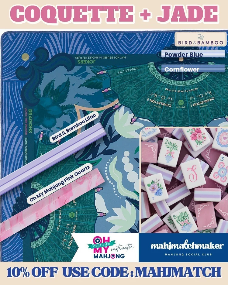 LoveShackFancy Coquette mahjong tiles with Oh My Mahjong Jade mahjong mat