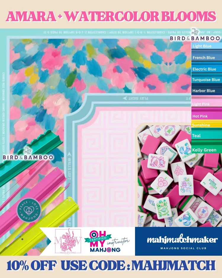 Oh My Mahjong Amara mahjong tiles with Mahj & Vine Watercolor Blooms mahjong mat