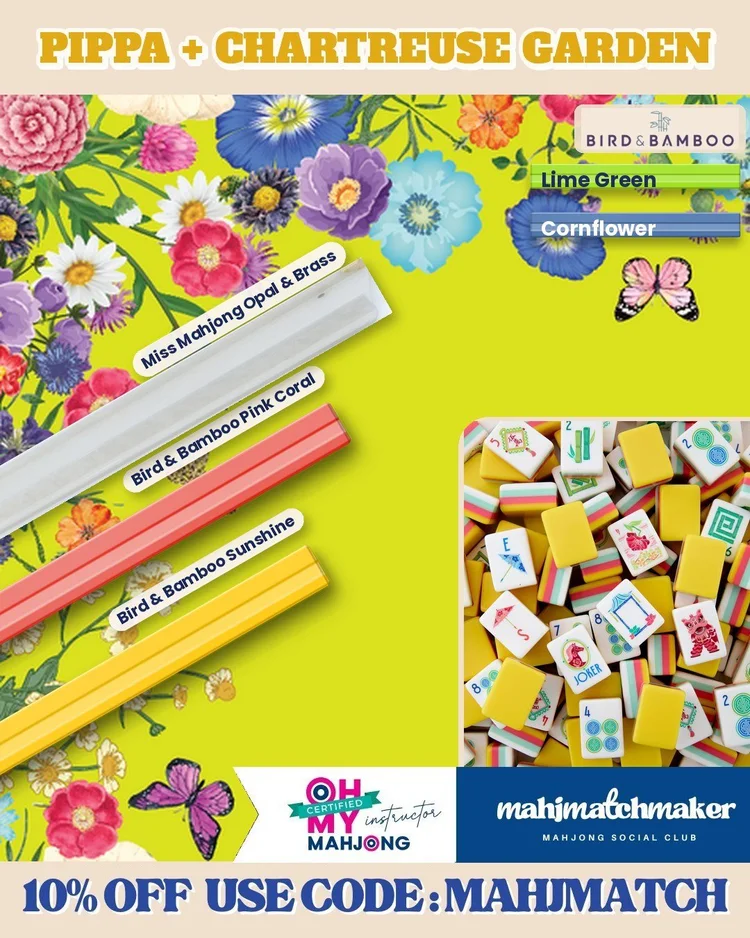 Oh My Mahjong Pippa mahjong tiles with Bespoke Mahjong Chartreuse Garden mahjong mat