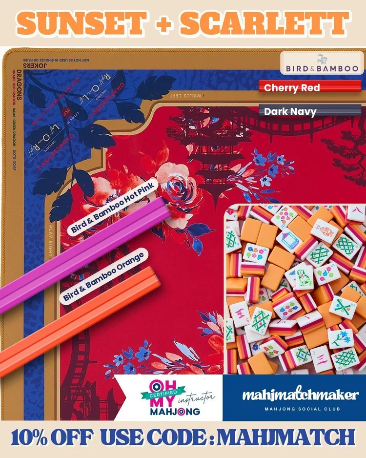Oh My Mahjong Sunset mahjong tiles with Oh My Mahjong Scarlett mahjong mat