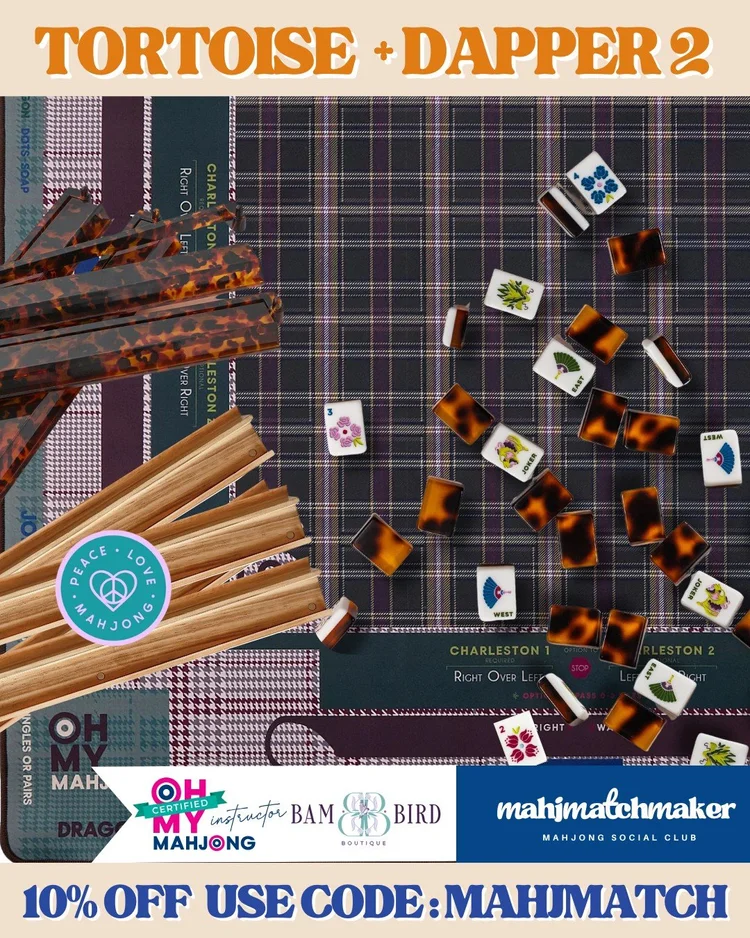 Bam Bird Boutique Tortoise mahjong tiles with Oh My Mahjong Dapper 2 mahjong mat