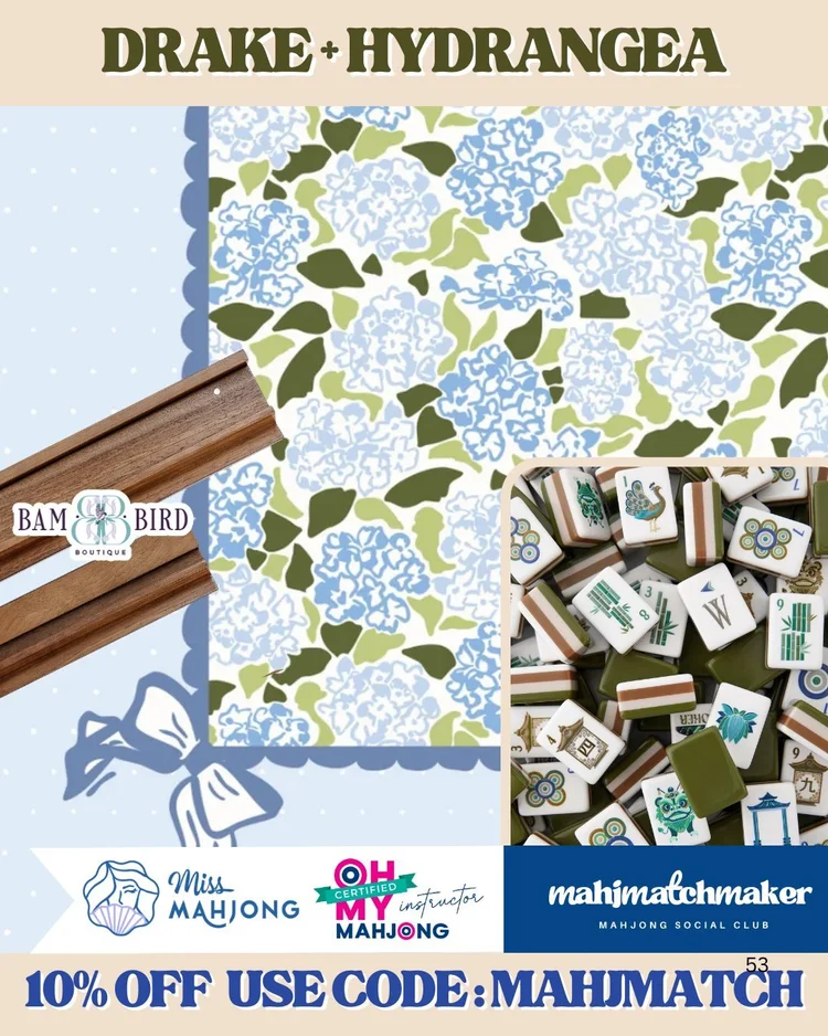 Oh My Mahjong Drake mahjong tiles with Miss Mahjong Hydrangea mahjong mat