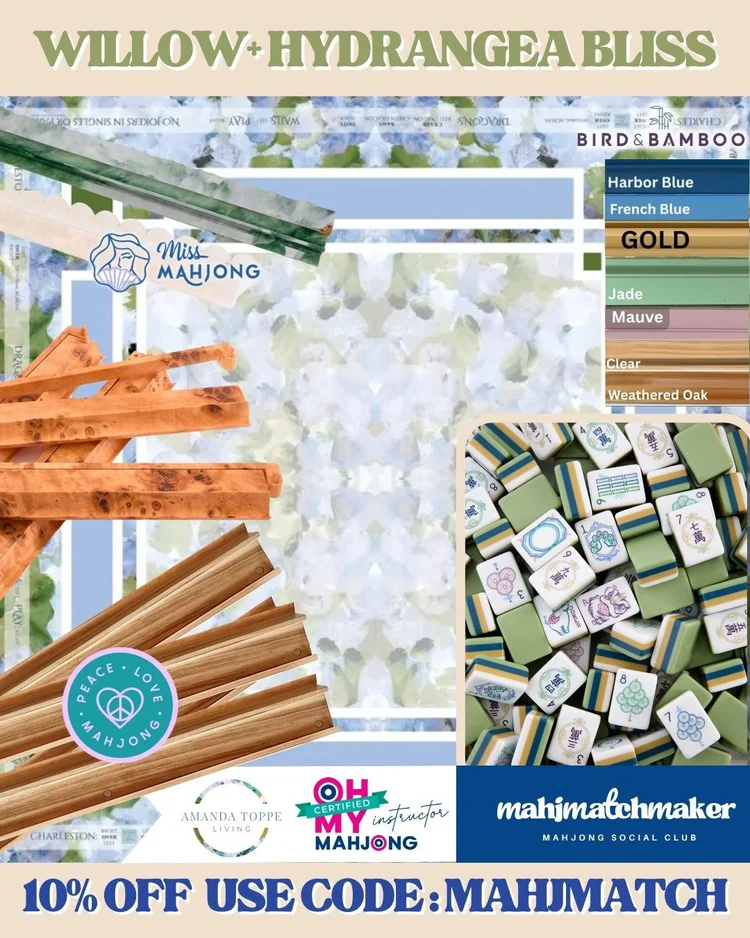 Oh My Mahjong Willow mahjong tiles with Amanda Toppe Hydrangea Bliss mahjong mat