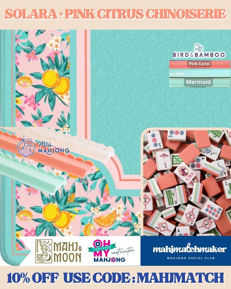 Oh My Mahjong Solara mahjong tiles with Mahj & Moon Pink Citrus Chinoiserie mahjong mat