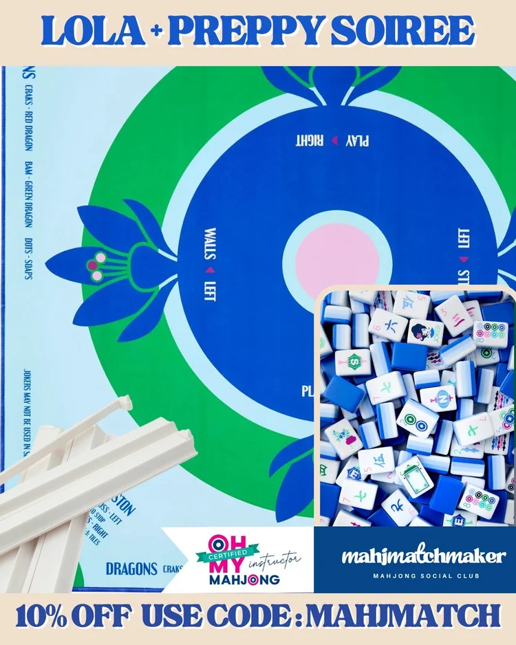 Oh My Mahjong Lola mahjong tiles with Oh My Mahjong Preppy Soiree mahjong mat