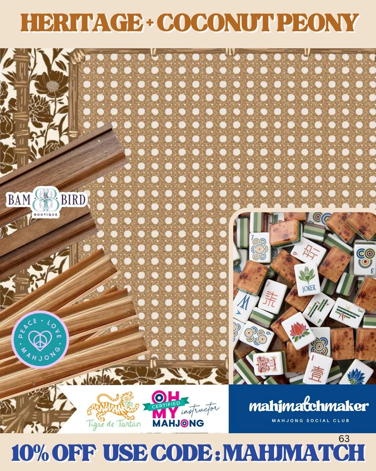 Oh My Mahjong Heritage mahjong tiles with Tigre de Tartan Coconut Peony mahjong mat