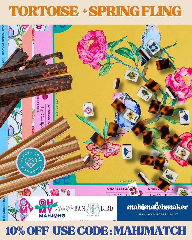 Bam Bird Boutique Tortoise mahjong tiles with Oh My Mahjong Spring Fling mahjong mat