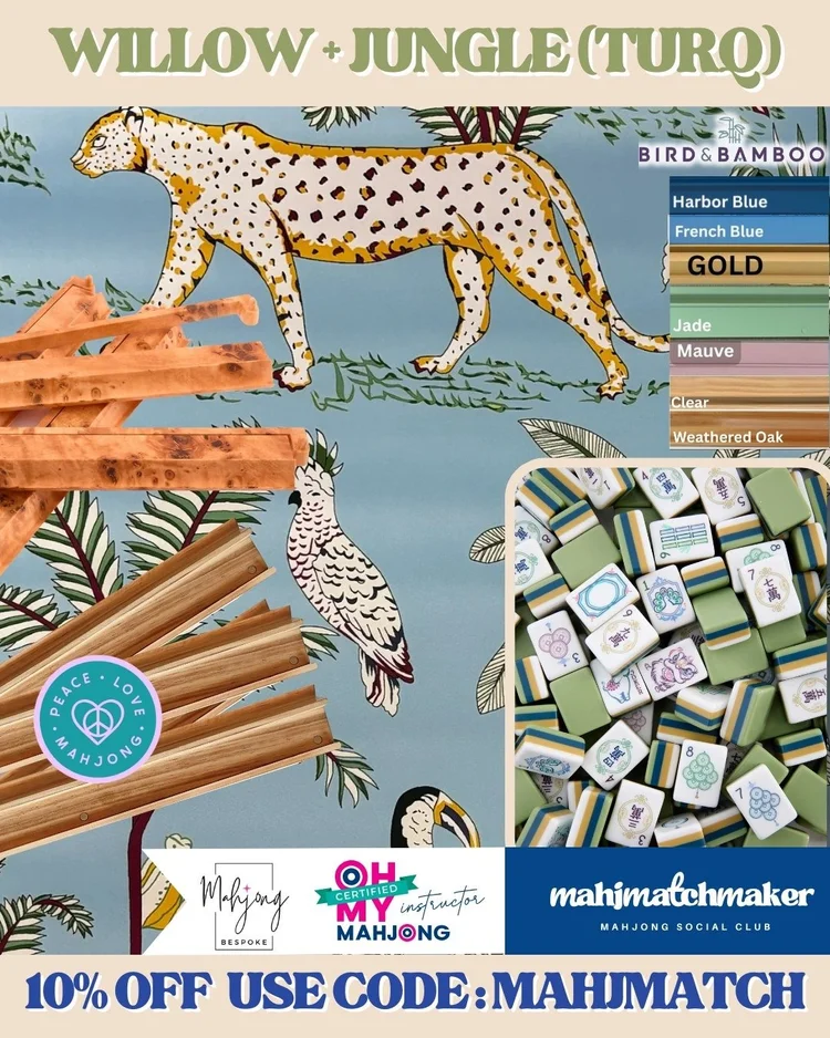 Oh My Mahjong Willow mahjong tiles with Bespoke Mahjong Jungle Turquoise mahjong mat