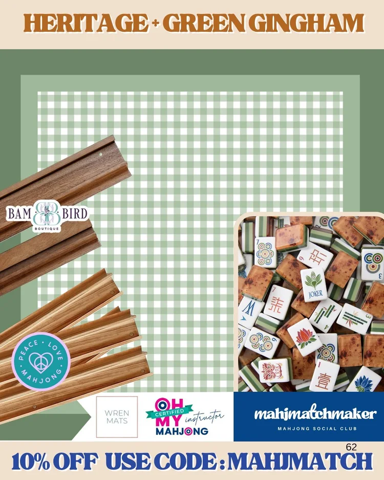 Oh My Mahjong Heritage mahjong tiles with Wren Mats Green Gingham mahjong mat
