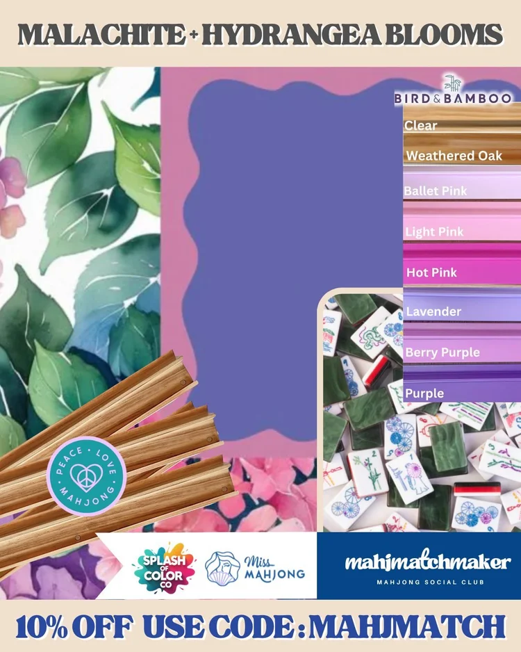 Miss Mahjong Malachite mahjong tiles with Splash of Color Hydrangea Blooms mahjong mat