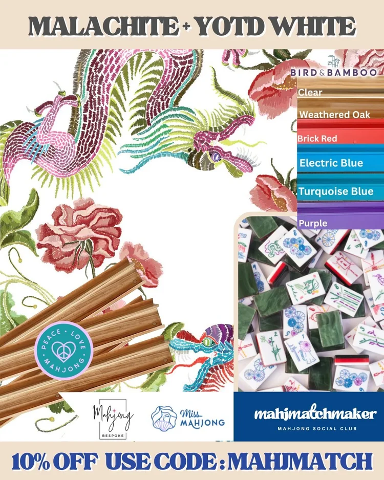 Miss Mahjong Malachite mahjong tiles with Bespoke Mahjong YOTD White mahjong mat