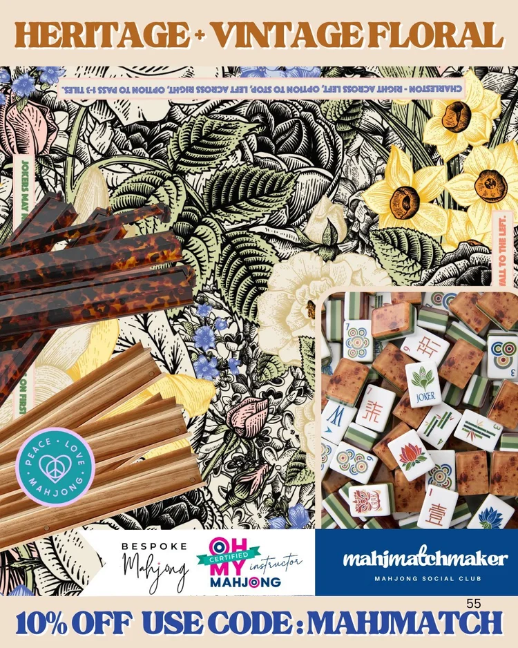 Oh My Mahjong Heritage mahjong tiles with Bespoke Mahjong Vintage Floral mahjong mat