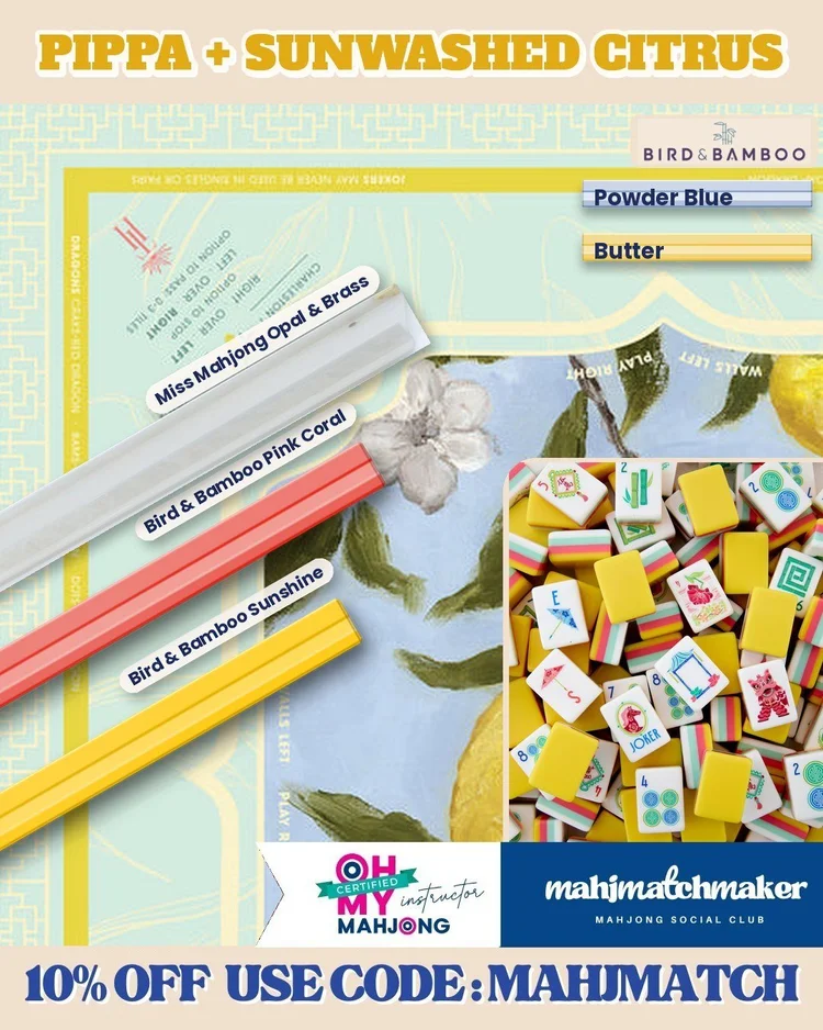 Oh My Mahjong Pippa mahjong tiles with Mahj Tile Haus Sunwashed Citrus mahjong mat