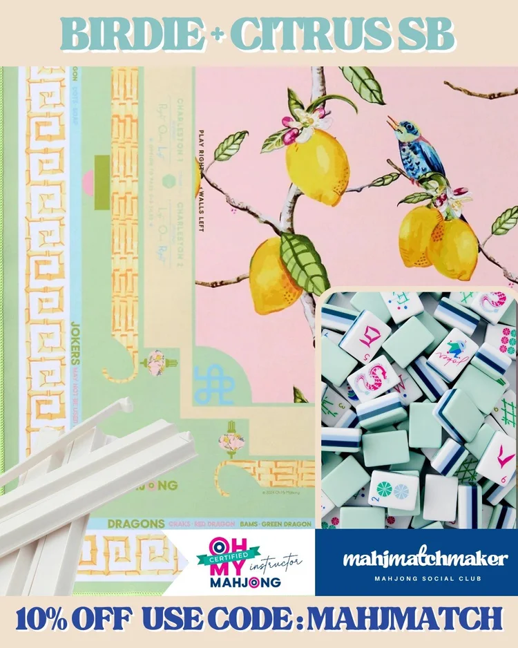 Oh My Mahjong Birdie mahjong tiles with Oh My Mahjong Citrus Songbird mahjong mat