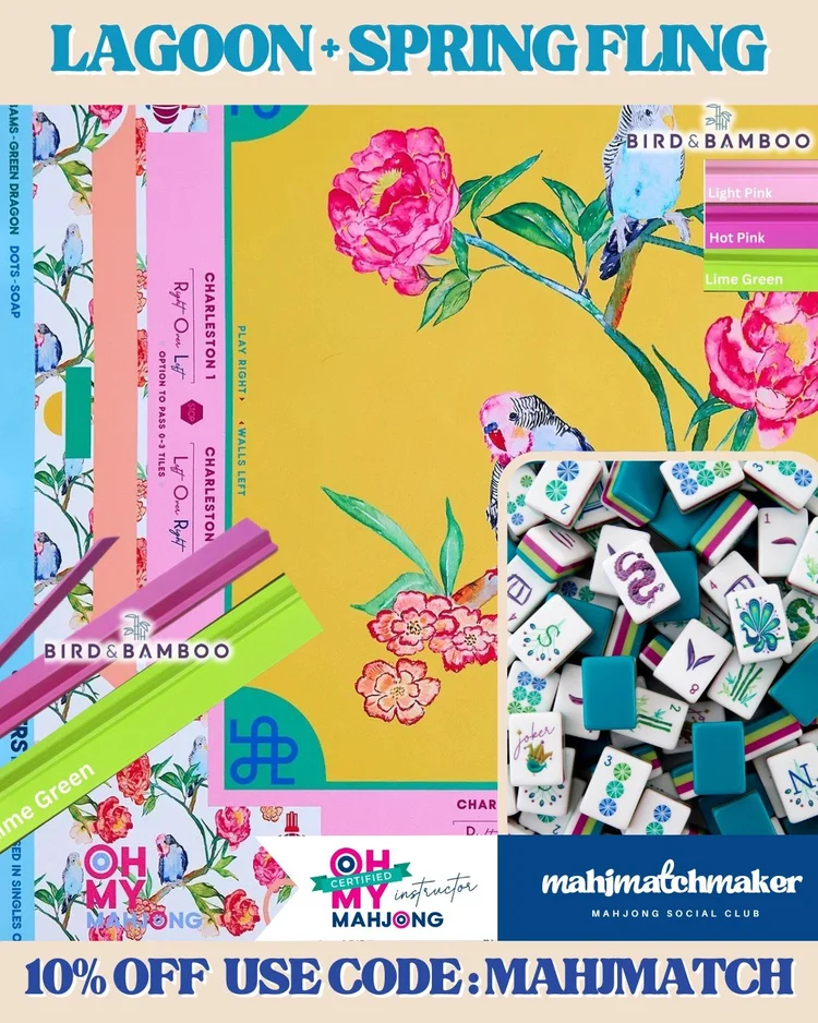 Oh My Mahjong Lagoon mahjong tiles with Oh My Mahjong Spring Fling mahjong mat