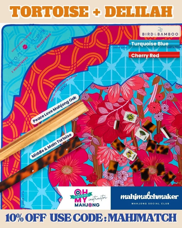 Bam Bird Boutique Classic Tortoise mahjong tiles with Oh My Mahjong Delilah mahjong mat