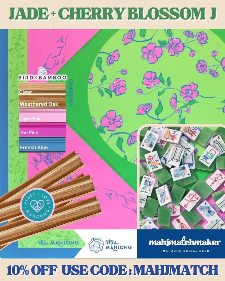Miss Mahjong Jade mahjong tiles with Miss Mahjong Cherry Blossom Jade mahjong mat