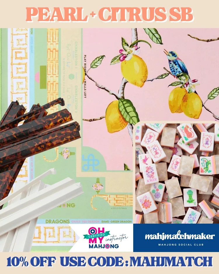 Oh My Mahjong Pearlescent mahjong tiles with Oh My Mahjong Citrus Songbird mahjong mat