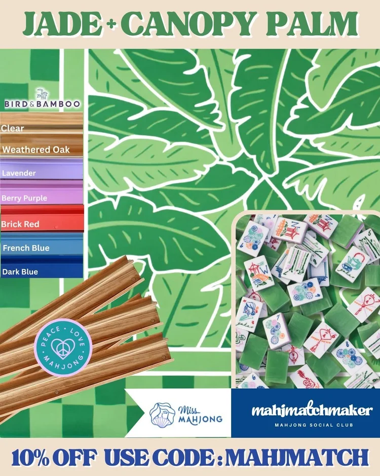 Miss Mahjong Jade mahjong tiles with Miss Mahjong Canopy Palm mahjong mat