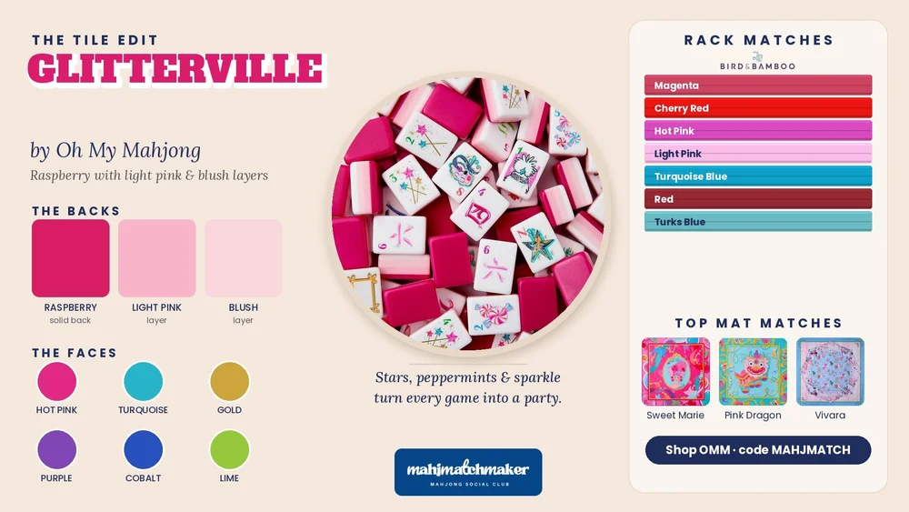 Glitterville mahjong tiles color card with rack and mat matches