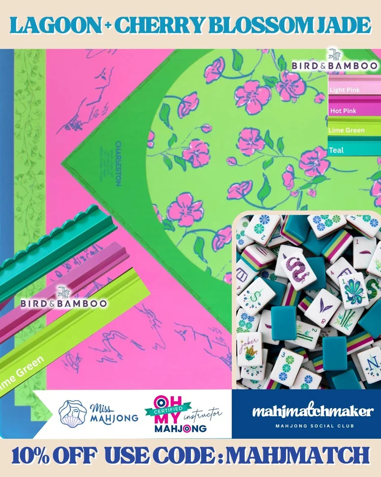Oh My Mahjong Lagoon mahjong tiles with Miss Mahjong Cherry Blossom Jade mahjong mat