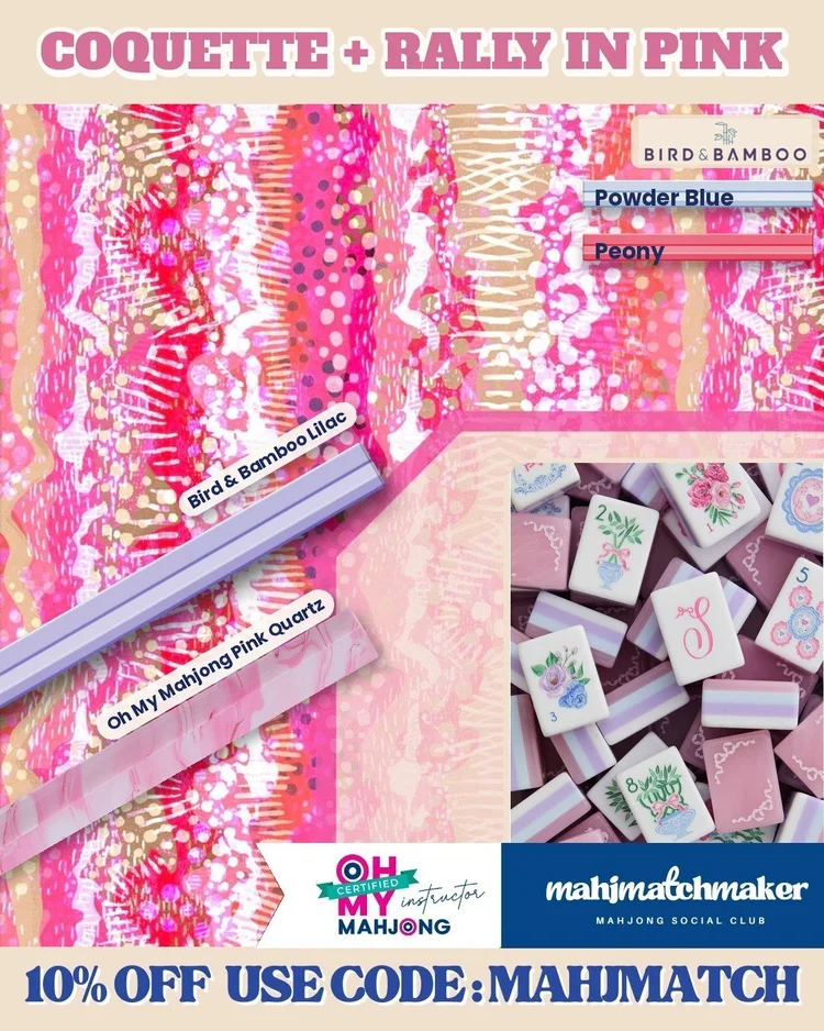LoveShackFancy Coquette mahjong tiles with Mahj Mood Rally in Pink mahjong mat