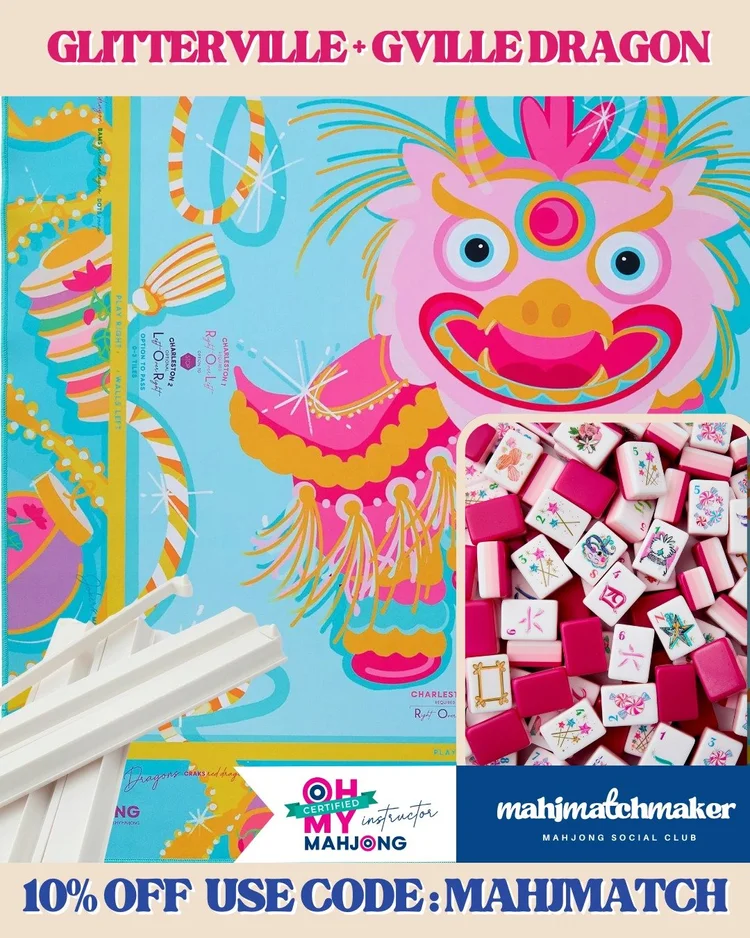 Oh My Mahjong Glitterville mahjong tiles with Oh My Mahjong Glitterville Dragon mahjong mat