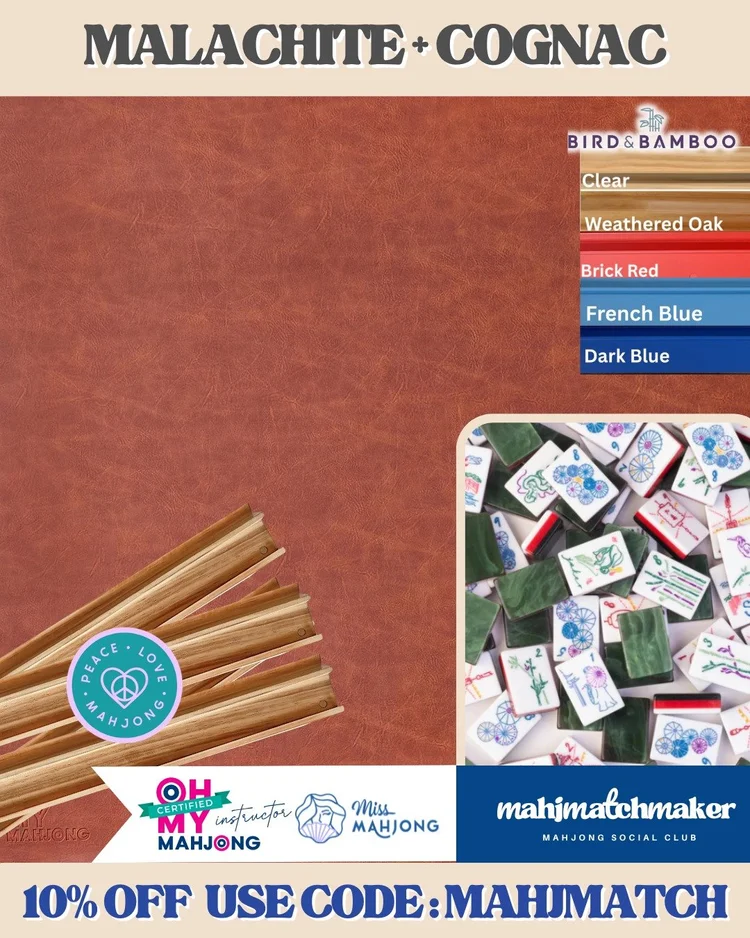 Miss Mahjong Malachite mahjong tiles with Oh My Mahjong Cognac mahjong mat